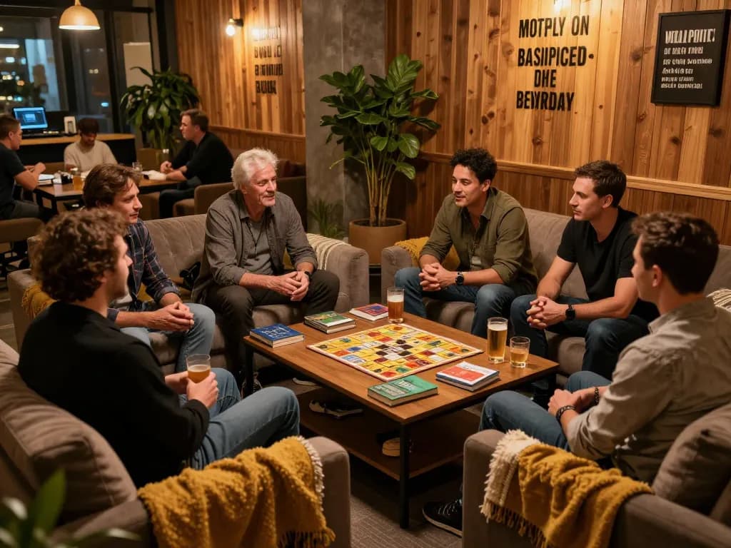 Men club gathering in a cozy lounge, showcasing community connection and support.