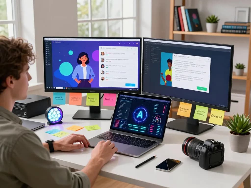 Engaging workspace with Crush AI technology, vibrant chat interfaces, and innovative tools.