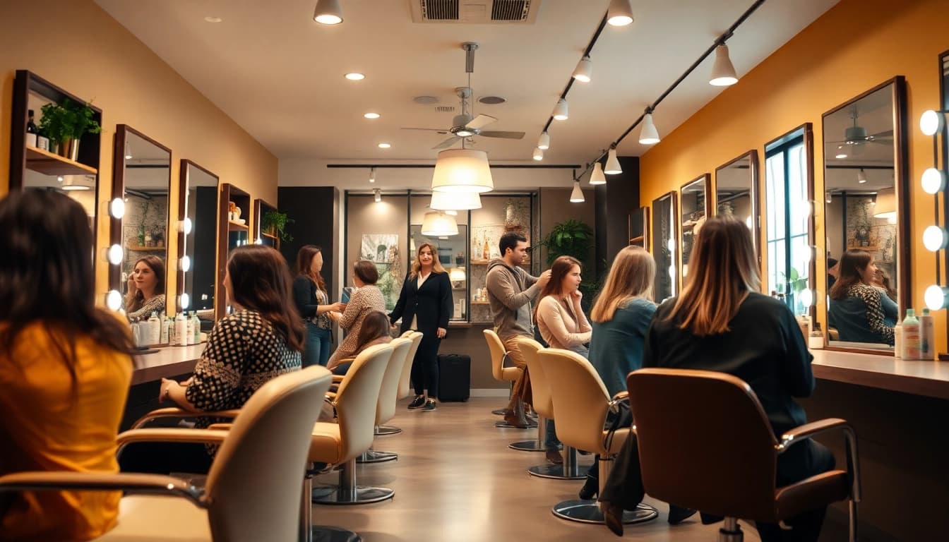 Modern hair salon scene showcasing friendly stylists providing haircuts near me.