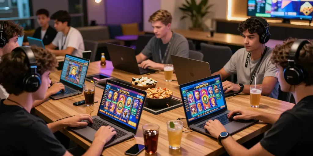 Exciting scene of players enjoying slot777 games on multiple devices in a vibrant gaming lounge.