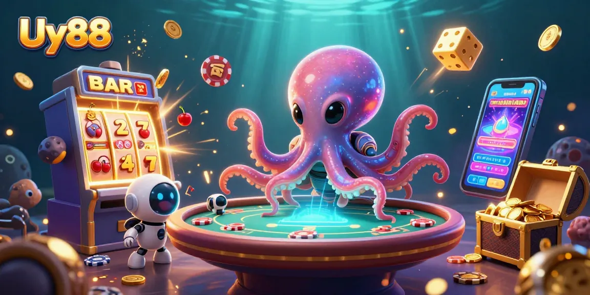 Experience thrilling gaming action with Uy88’s alien octopus running a holographic poker table against a vibrant casino backdrop.