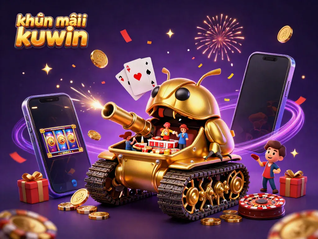 Engage in khuyến mãi kuwin with this vibrant illustration of a miniature casino within a golden beetle tank.