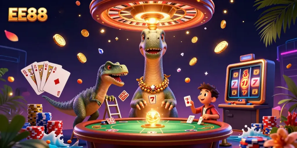 EE88 offers a vibrant 3D casino scene with a brontosaurus and raptor dealers, displaying exciting games.