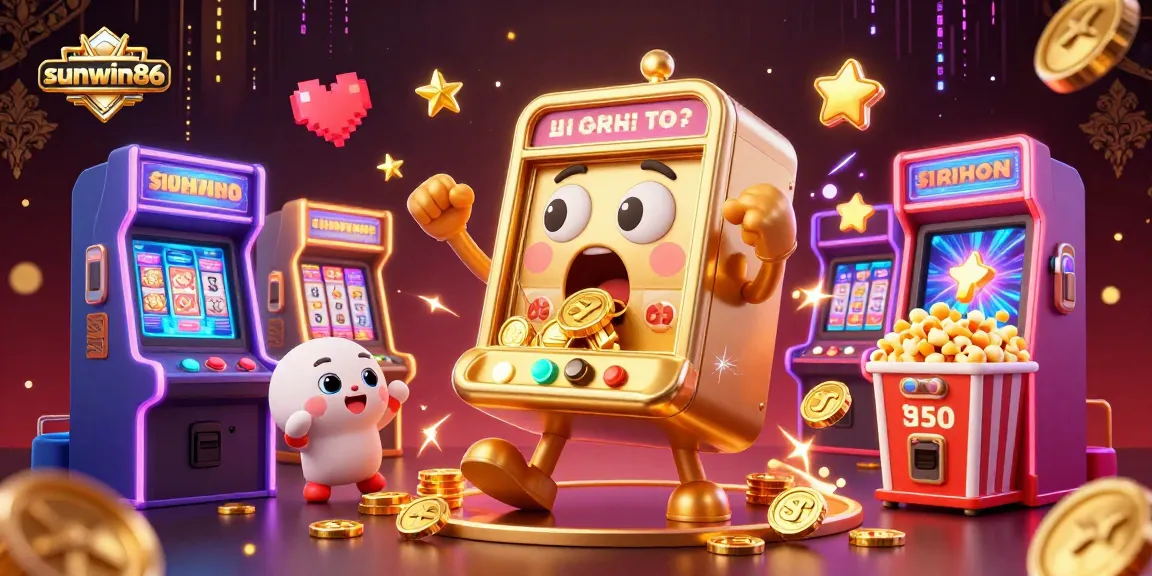 Experience thrilling wins with sunwin86's cartoon gold slot machine hitting jackpots and surrounded by arcade excitement.