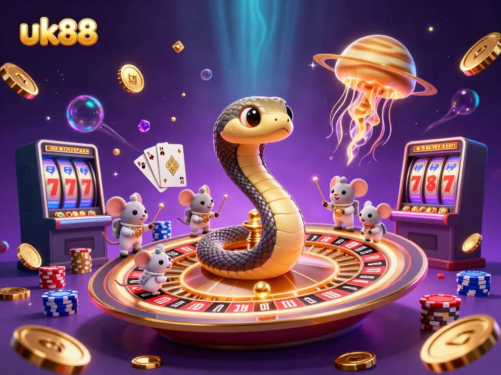 Watch cosmic dealer jellyfish guide bets on uk88 circus roulette scene filled with sparkling coins.