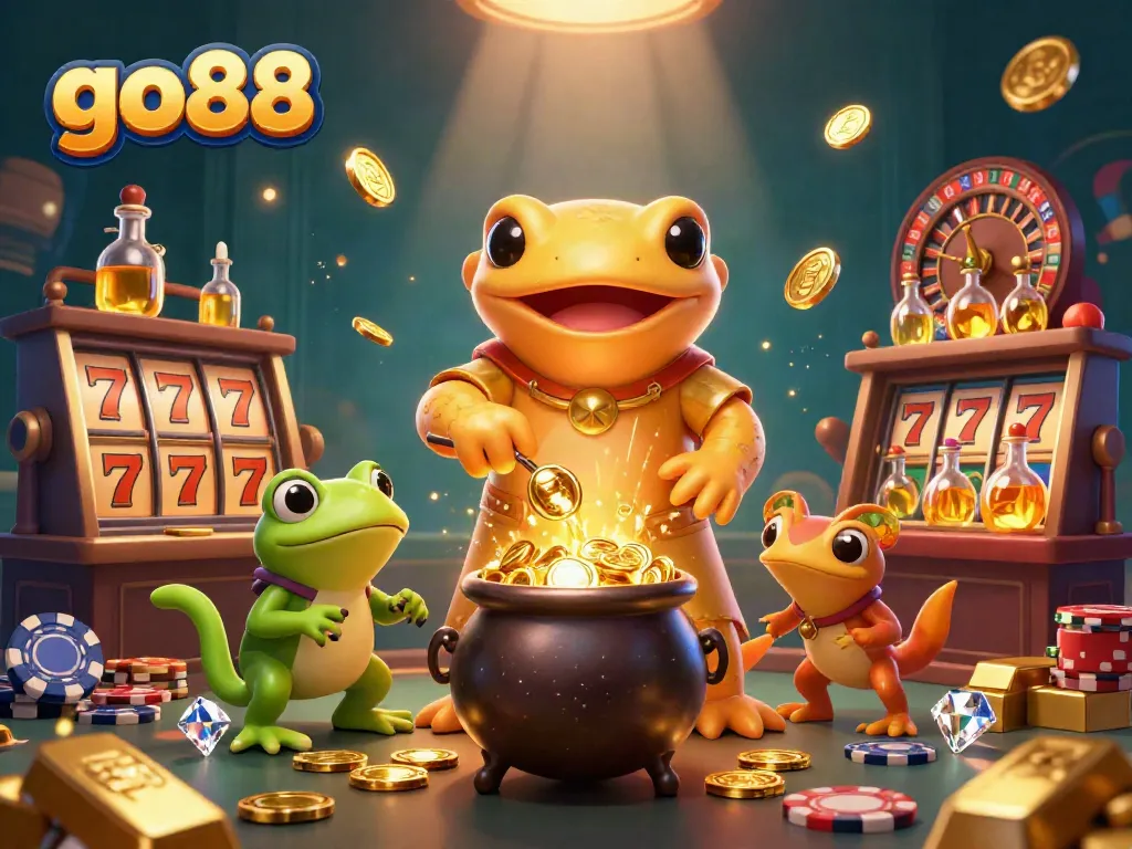 Experience excitement at go88 with a vibrant alchemy scene featuring golden coins and casino elements.