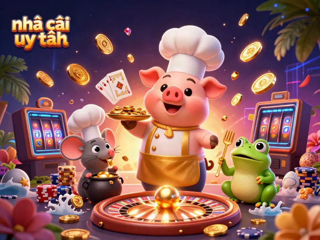 Engage with the vibrant world of nhà cái uy tín featuring a lively pig chef and animated characters celebrating with gold coins.