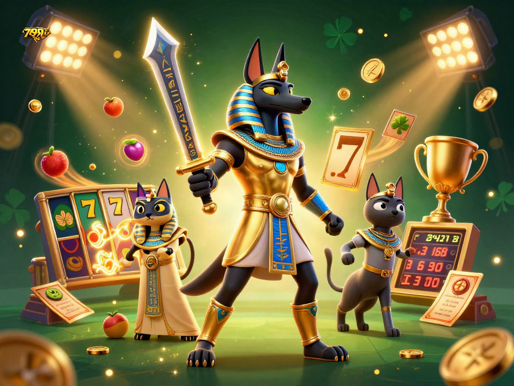 Experience the excitement of 789CLUB with Anubis and Bastet in a stunning casino scene.