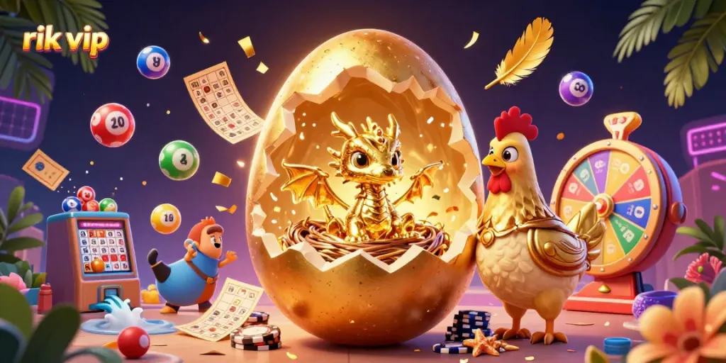 Experience the thrill of rik vip with a golden dragon amidst vibrant casino elements in a dynamic scene.