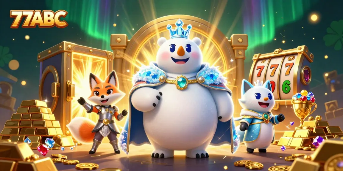 Engage in thrilling slot games at 77ABC with a vibrant 3D illustration of a polar bear and fox amid treasures.