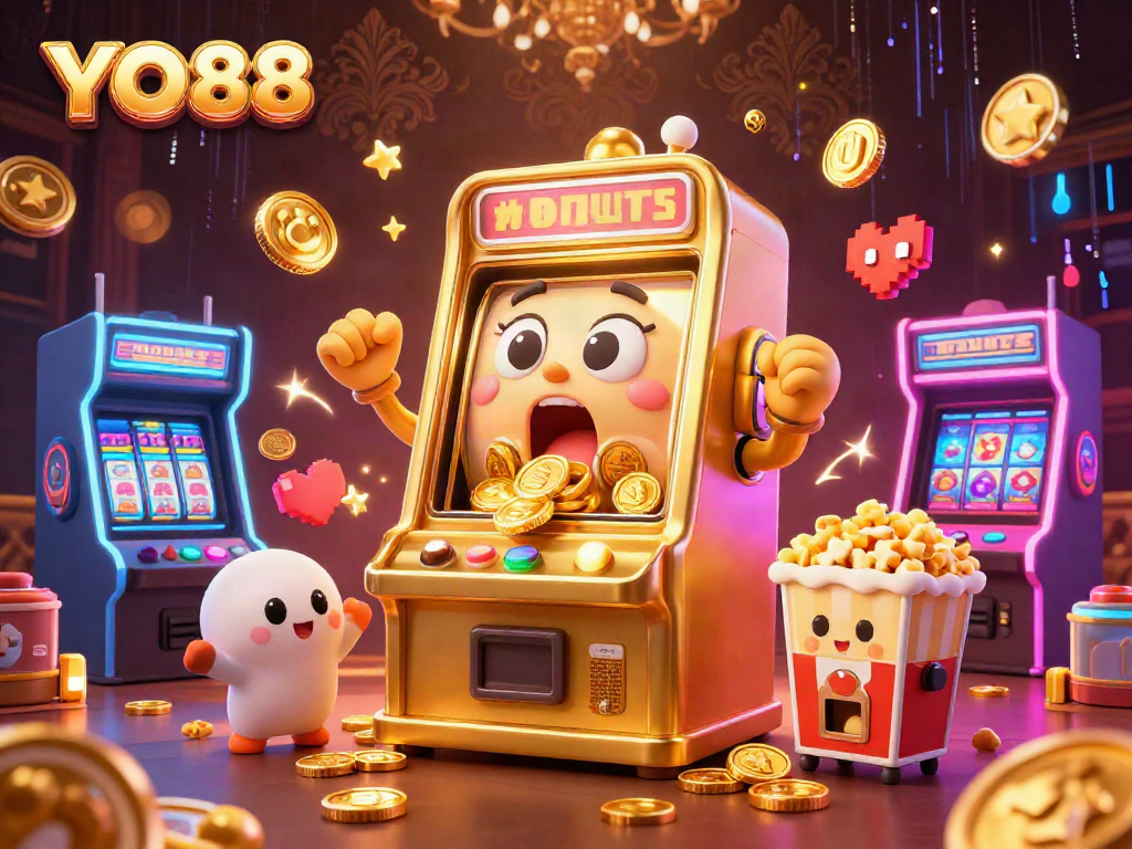 Win big at YO88 with a vibrant 3D scene of a golden slot machine celebrating its jackpot.