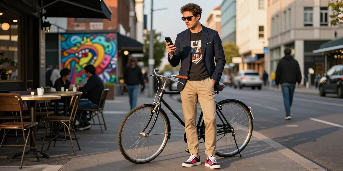 Stylish man showcasing men's fashion in urban setting with tailored blazer and vintage bicycle.