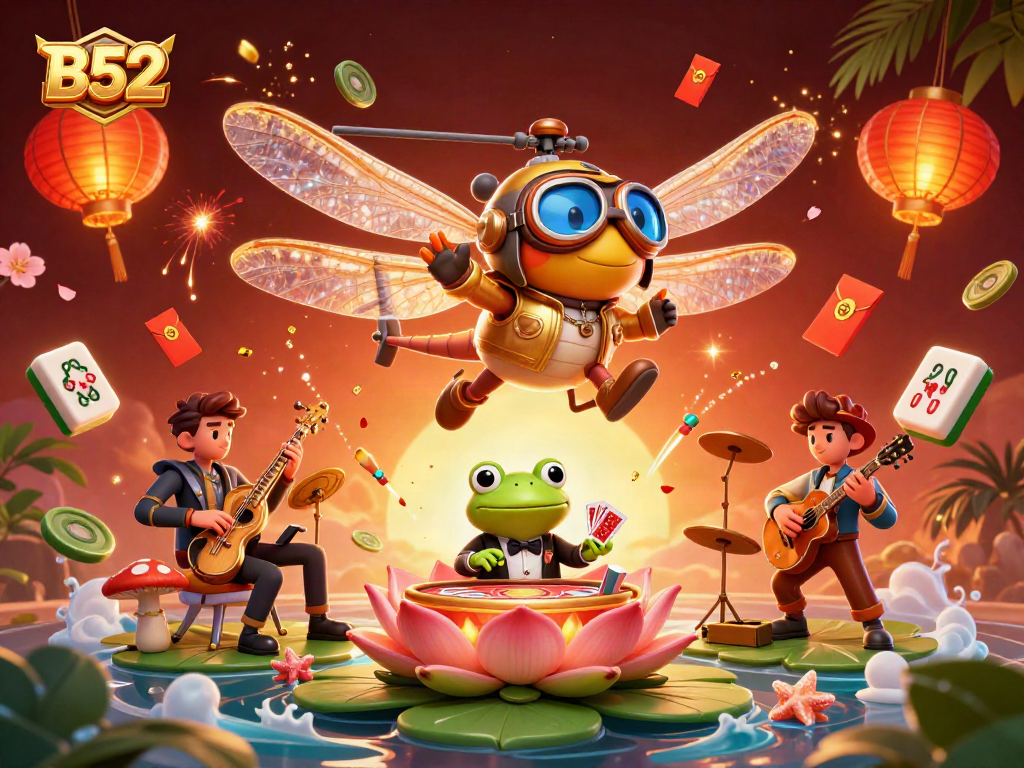 Experience vibrant casino magic with B52 in a 3D dynamic illustration of a lively gaming scene.