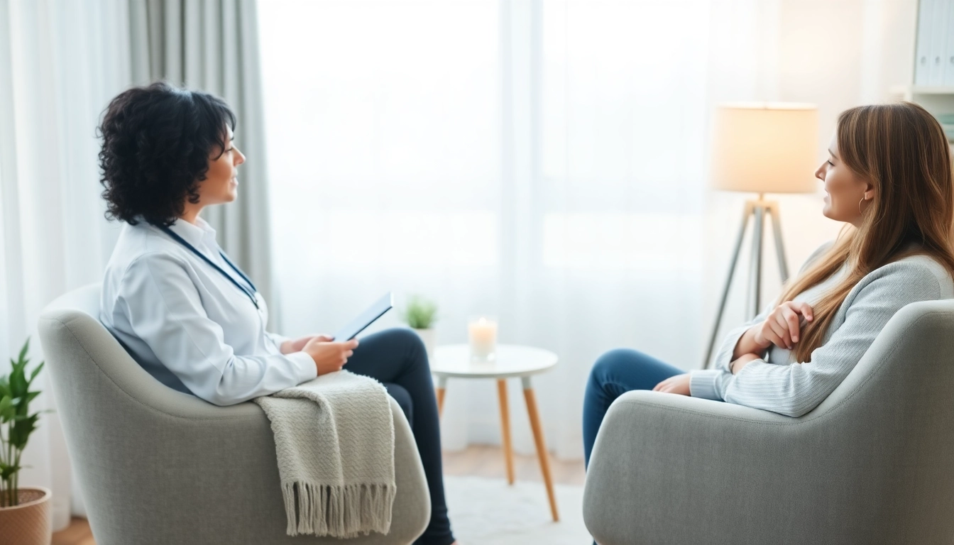 Therapist addressing stress and anxiety in a calming office setting.