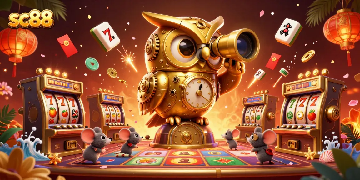 Experience thrilling gameplay at sc88 with a 3D cartoon illustration of a golden owl and vibrant casino elements.