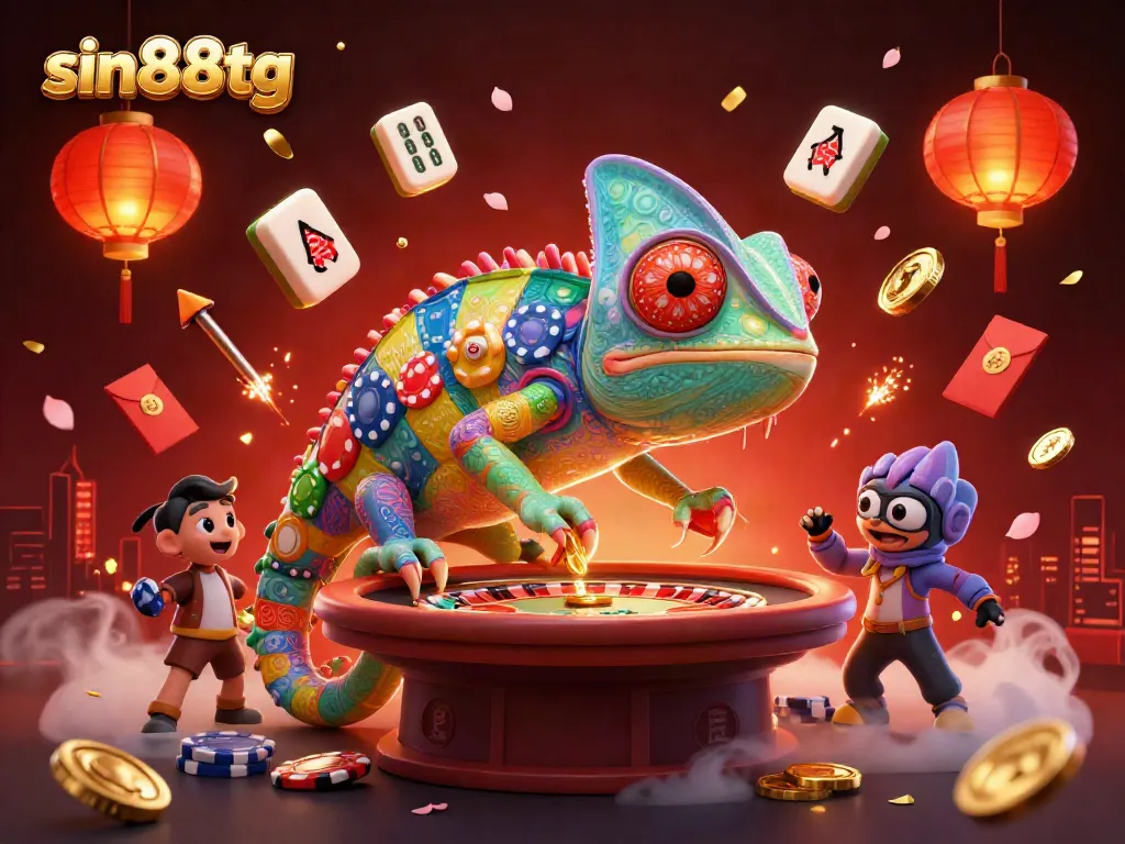 Engage with a vibrant sin88tg casino scene highlighting a colorful chameleon dealer amidst festive casino elements.