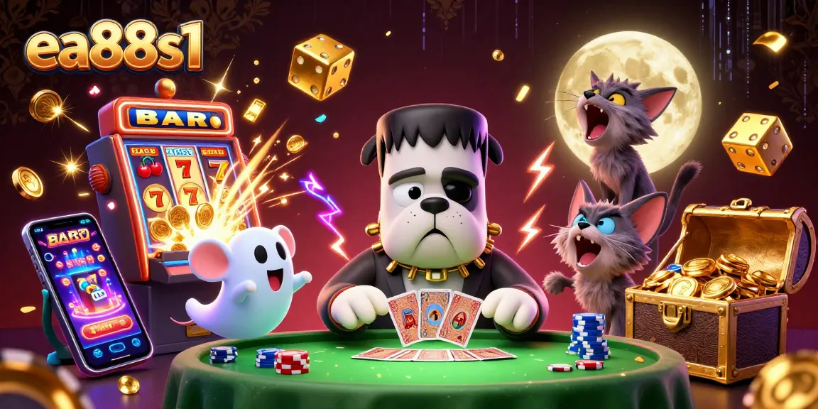 Play thrilling casino games with ea88s1 at this vibrant, cartoonish gaming scene packed with excitement.
