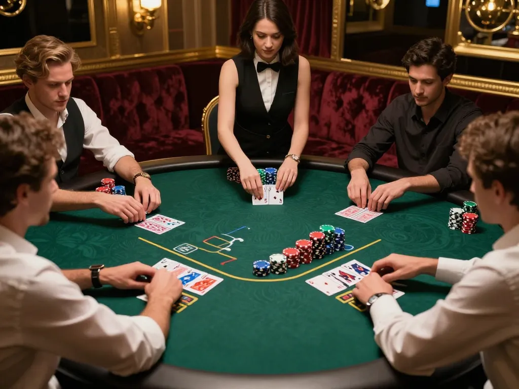 Players strategizing during a game of poker at the upscale 7me casino, colorful chips and cards in action.