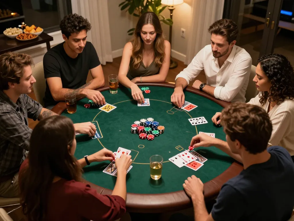 Players at a home poker night strategizing their moves on the table, showcasing xo88s atmosphere of fun and excitement.