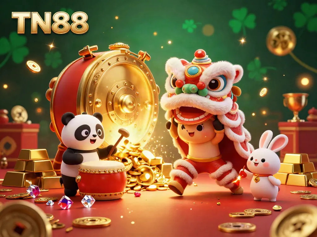 Experience thrilling casino action with TN88, showcasing a festive scene filled with vibrant characters and treasures.
