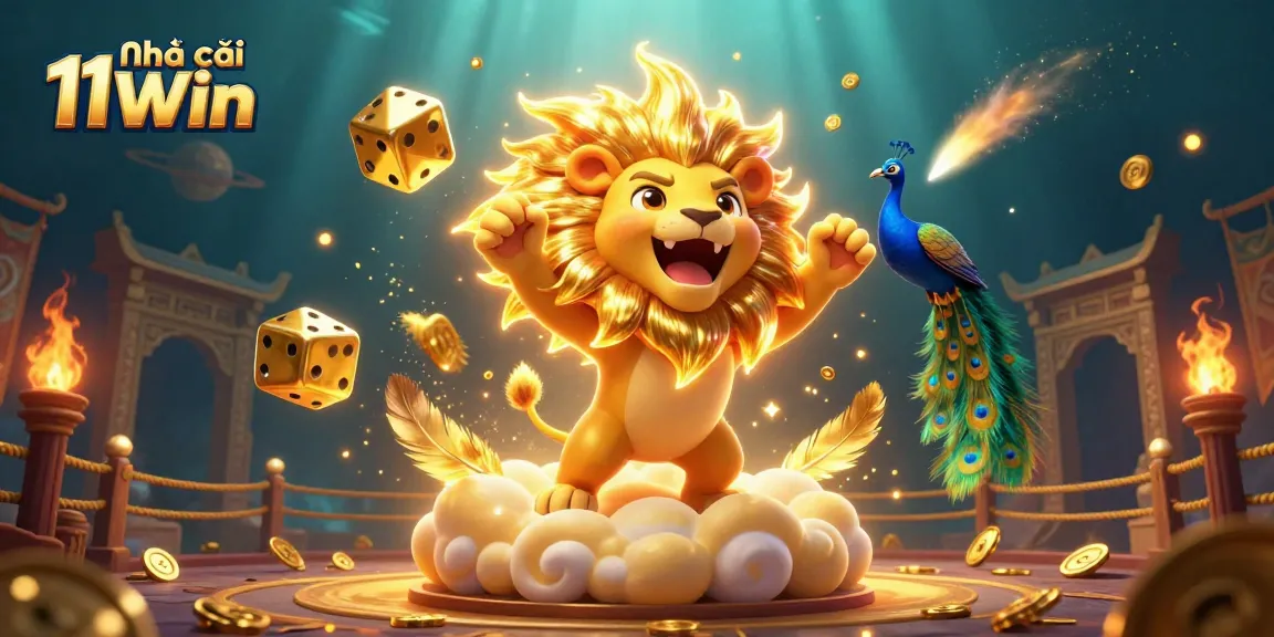 Experience the thrill of Nhà cái 11Win with golden dice and a roaring sun lion in a vibrant casino scene.