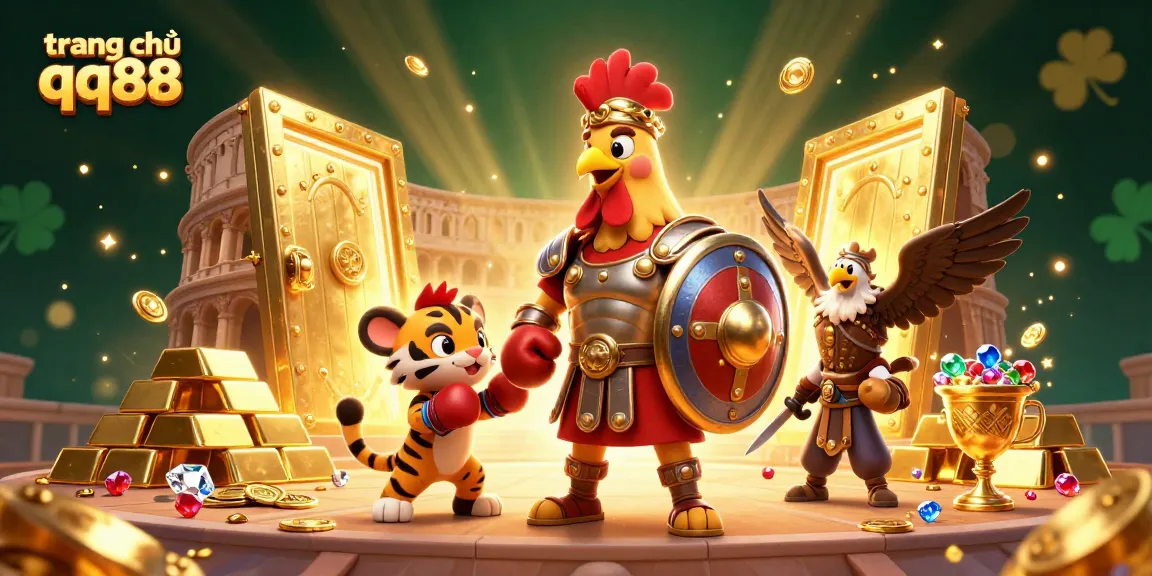 Engage with trang chủ qq88 through a vibrant, action-packed 3D illustration featuring a cartoon gladiator rooster and treasures.