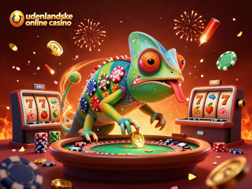 Engage with udenlandske online casino themed 3D illustration showcasing a chameleon casino owner surrounded by vibrant game elements.