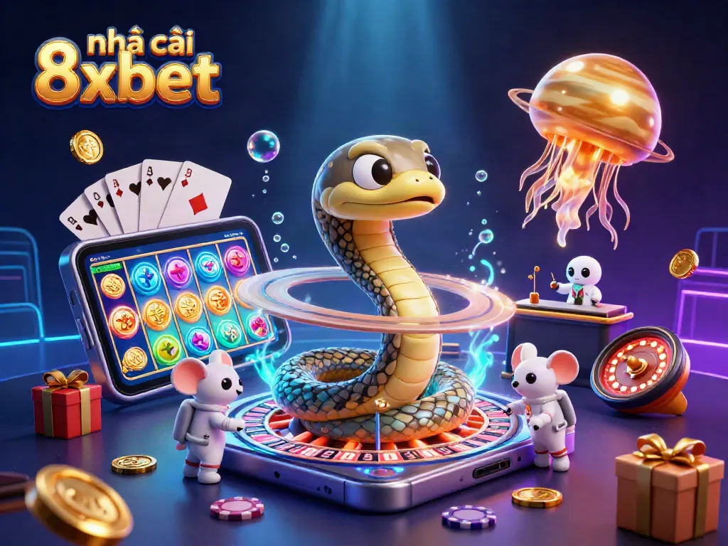 Place bets at nhà cái 8xbet with vibrant casino elements in a 3D illustration.