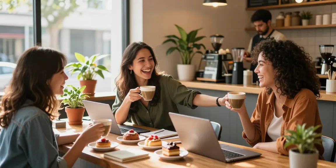 Candid scene of friends sharing a laugh over coffee, capturing the essence of friendship and the feeling of a crush on someone in a cozy café.