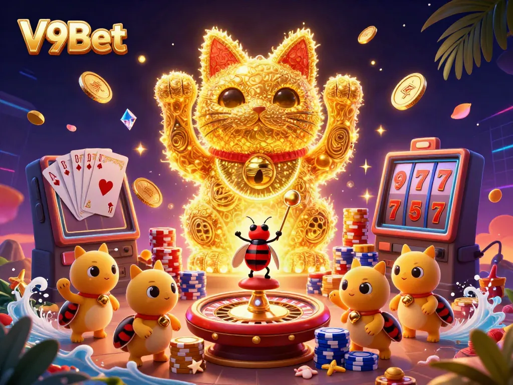 Experience exciting V9Bet gaming scene with gold coins and a lucky cat character.