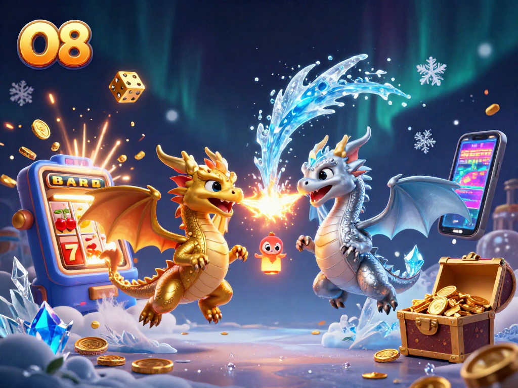 Engage with O8's vibrant casino scene featuring dragons and thrilling slot machine action.