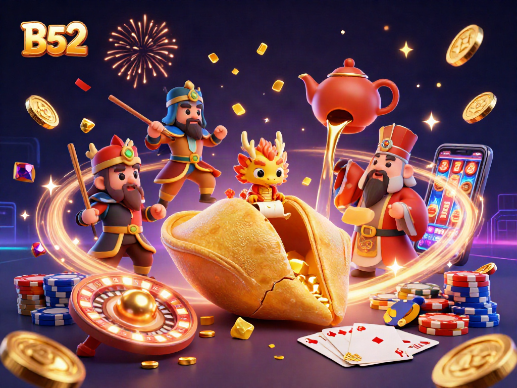 Join B52 players amidst golden coins, slots, and excitement in vibrant 3D casino illustration.