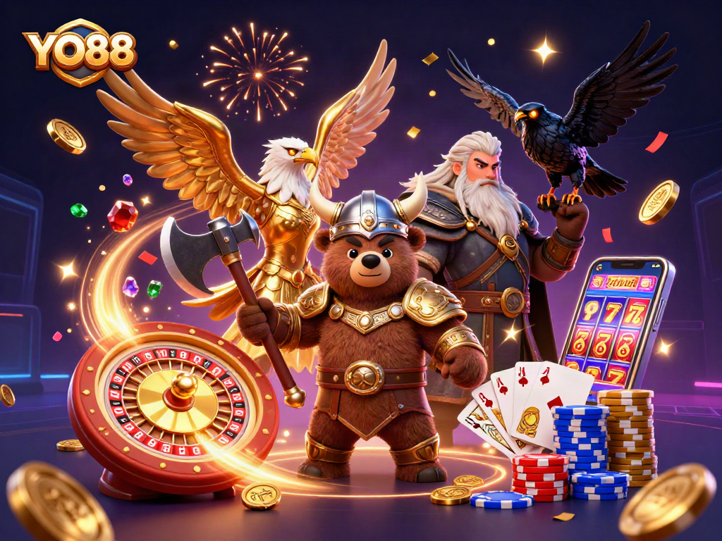 Experience YO88 with a vibrant 3D casino illustration showcasing exciting gambling elements and characters.