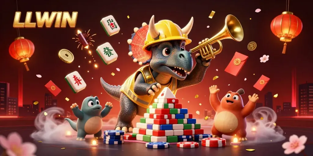 LLWIN celebration featuring a triceratops building poker chip pyramid amidst festive decorations.