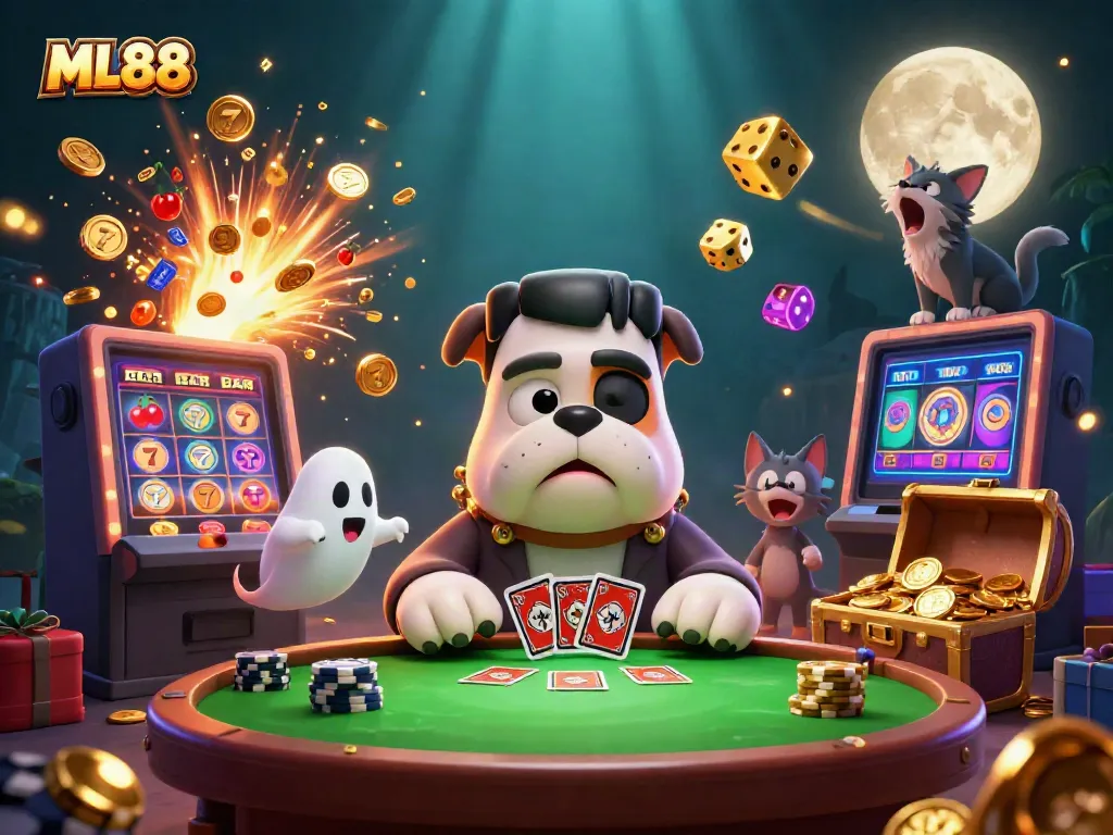 Experience the thrill of ML88 with a dynamic scene featuring Frankenstein bulldog and exciting casino elements.