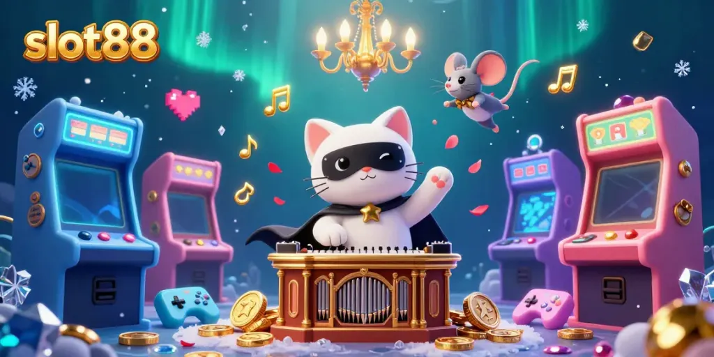 Experience thrilling gameplay and slots with slot88, featuring a dynamic casino scene with vibrant characters and elements.