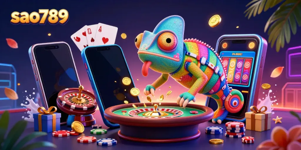 Sao789 offers an exciting scene with a colorful chameleon character amidst vibrant casino gaming elements.