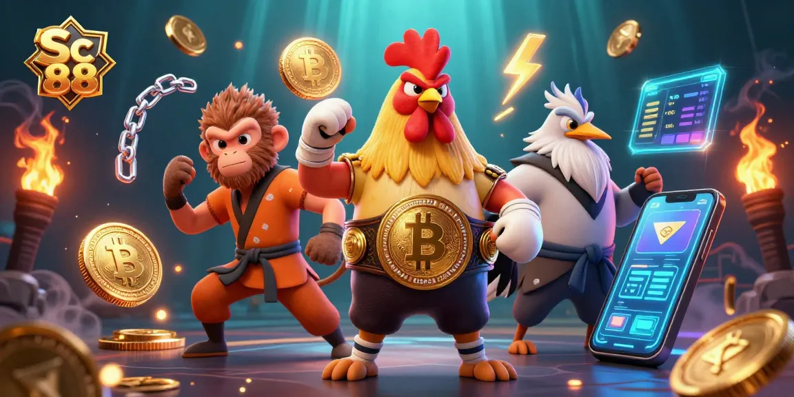 Experience the excitement of Sc 88 with vibrant gaming elements and dynamic 3D characters in a lively casino scene.