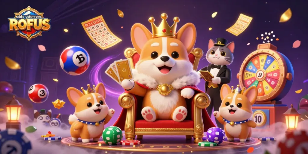 Engage with exciting odds uden om ROFUS, showcasing a royal corgi on a poker chip throne.