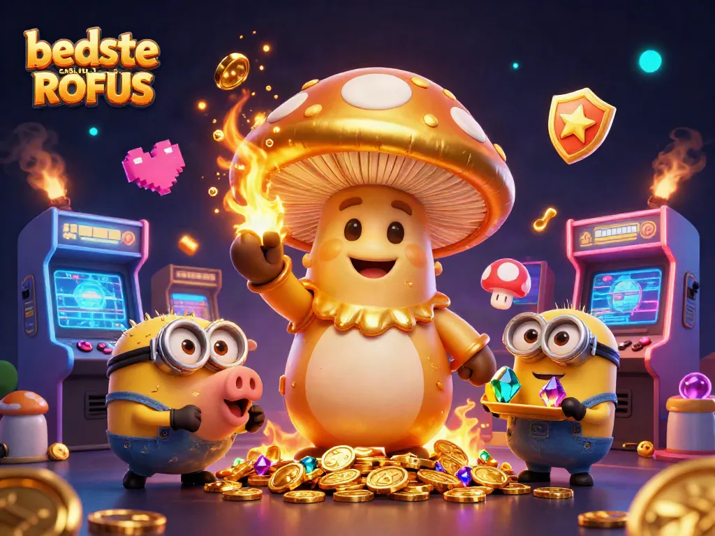 Experience the best casino uden ROFUS with an epic scene of a golden mushroom wizard, treasure pig, and mini minions in action.