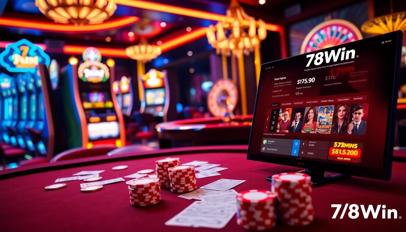 Experience the excitement of 78Win with vibrant casino tables filled with action, chips, and cards.