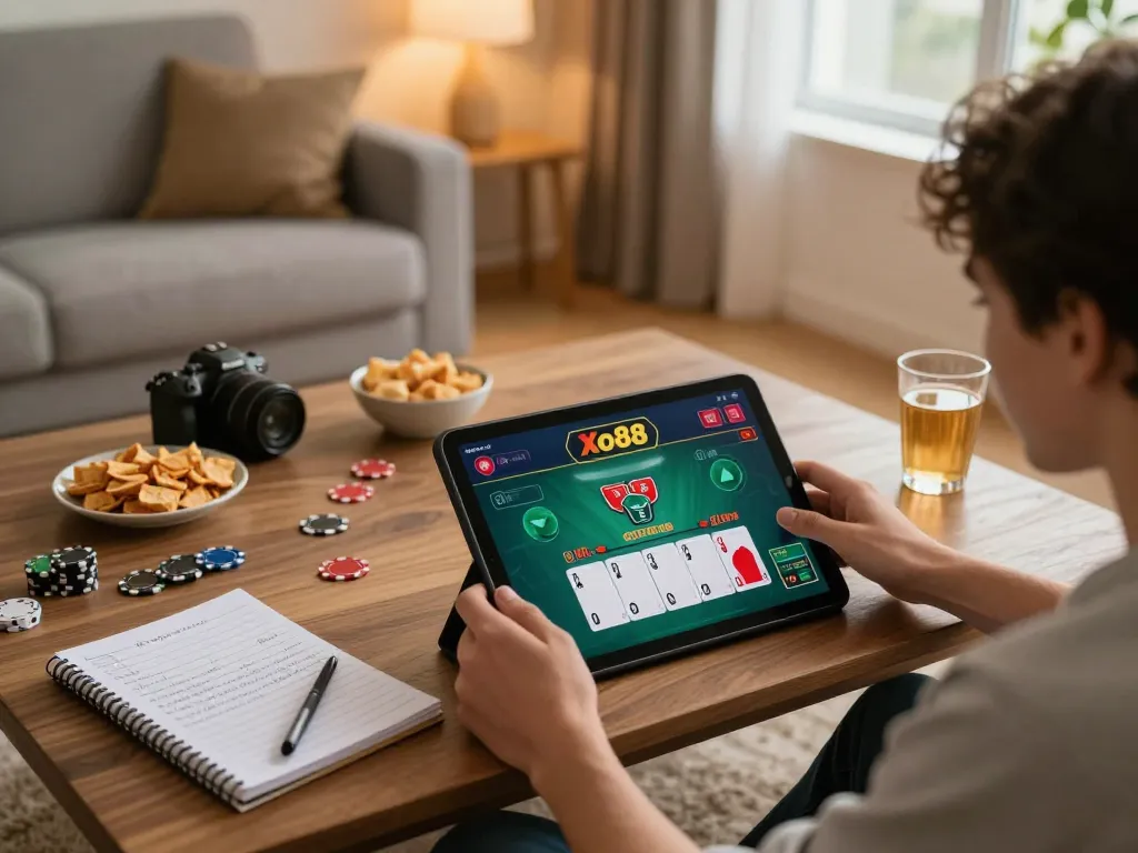 Engaging with a live dealer blackjack game on Xo88, reflecting modern home gaming atmosphere.