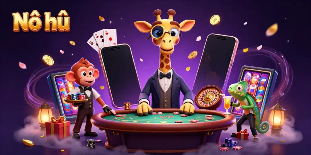 Engage in thrilling Nổ hũ gameplay surrounded by vibrant casino characters and rich festive elements.