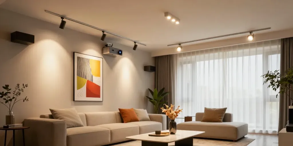Iluminat modern cu sina magnetică în living, evidențiind spoturi LED elegante.