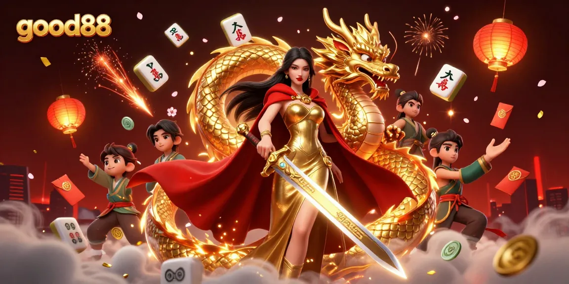 Experience thrilling gameplay at good88 with a striking Asian warrior queen and dynamic casino elements.