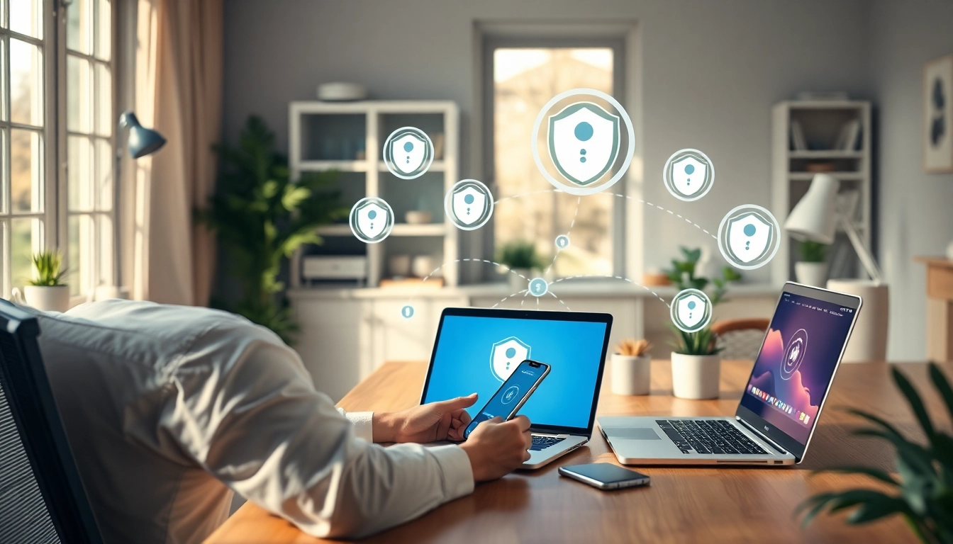 快连官网 user connecting multiple devices to a secure network in a modern home office.