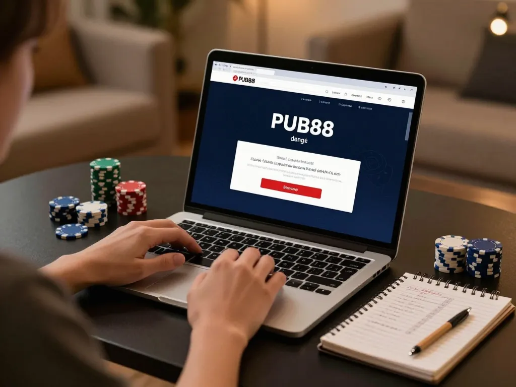 PUB88 đăng nhập interface on a laptop showcasing online betting strategies in a cozy environment