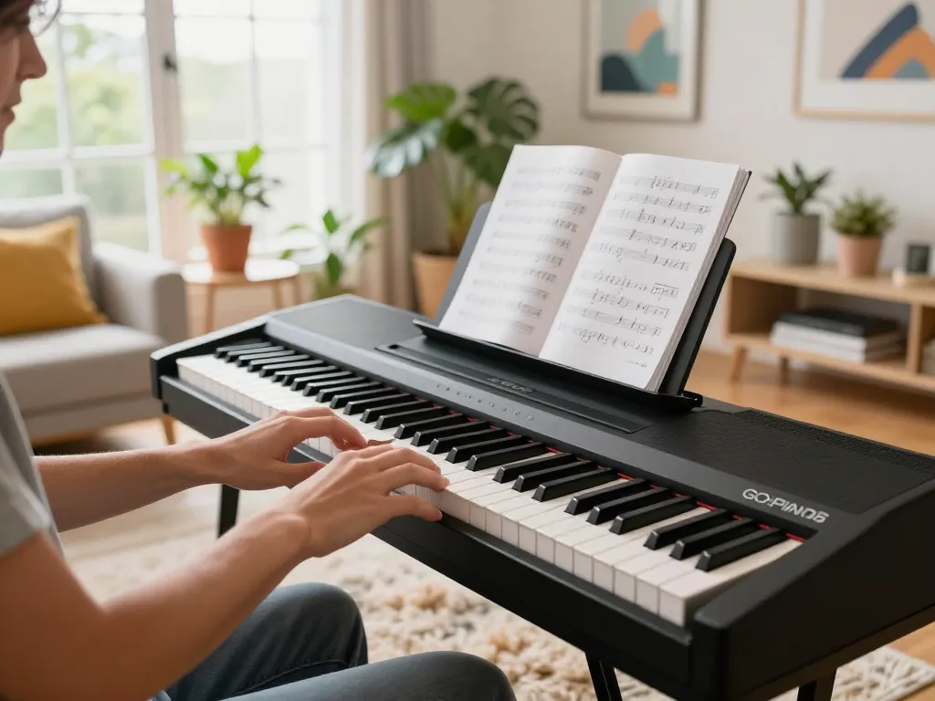Engaging moment of a musician playing the go 88 digital piano in a bright living room.