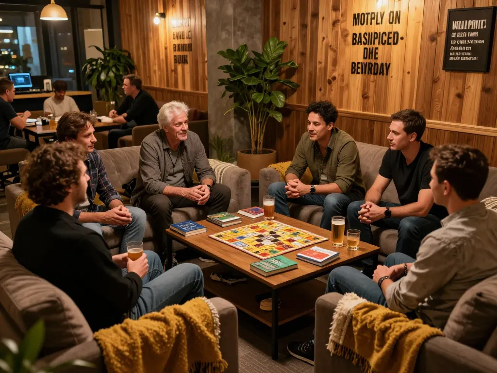 Men club gathering in a cozy lounge, showcasing community connection and support.