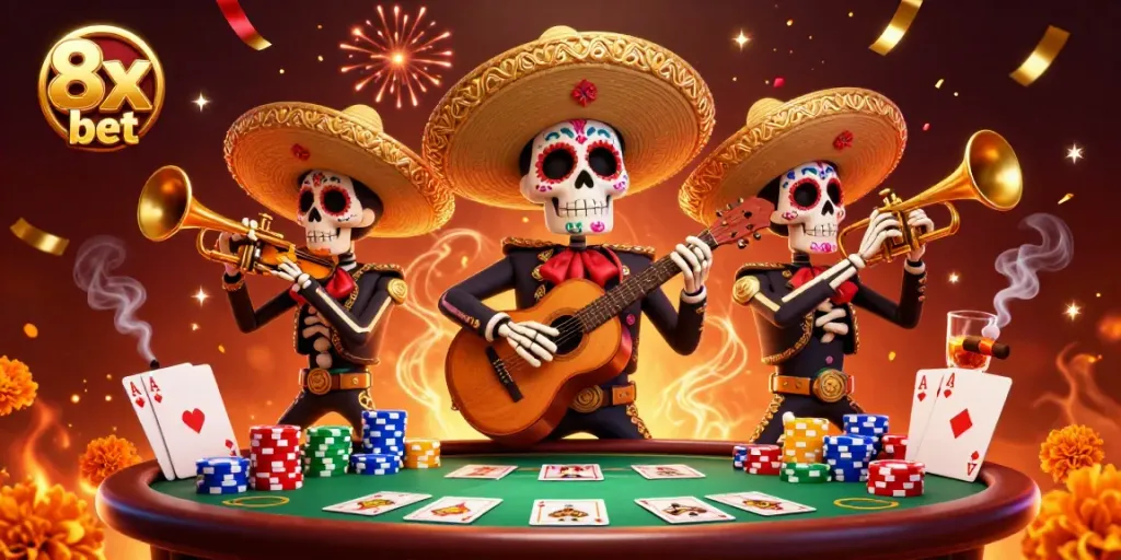 Engage with 8x bet in a vibrant casino scene featuring playful skeleton musicians and vibrant poker elements.